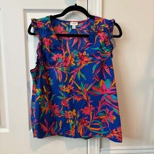 J.Crew Neon Tropical Floral V-Neck Ruffle Sleeveless Blouse